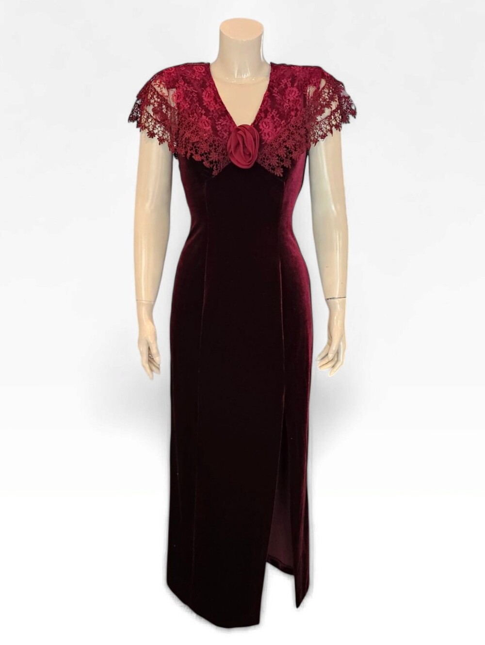 Vtg 80s SPEED USA Burgundy Stretch Velvet Lace Capelet Long Evening Gown S